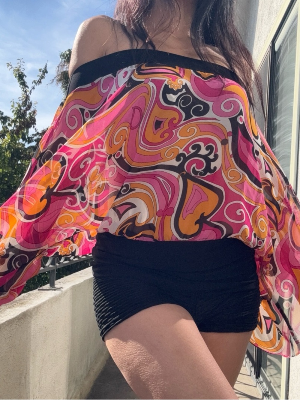 Retro Pink & Orange Paisley Off-Shoulder Blouse Sheer Chiffon Flutter Sleeve Top